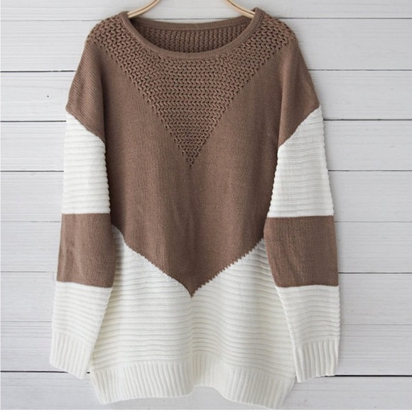 Brown and white crew neck knitted sweater size Medium - Picture 3 of 11